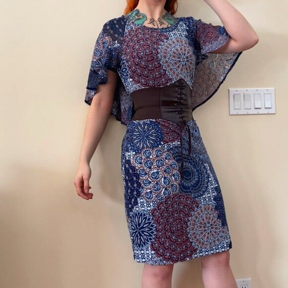 Mandala Print Sheath Dress with Capelet - Picture 1 of 5